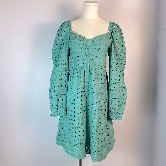 Chelsea 28 CINCHED FRONT EYELET LONG SLEEVE A-LINE DRESS IN GREEN SEAGLASS small - Picture 2 of 14